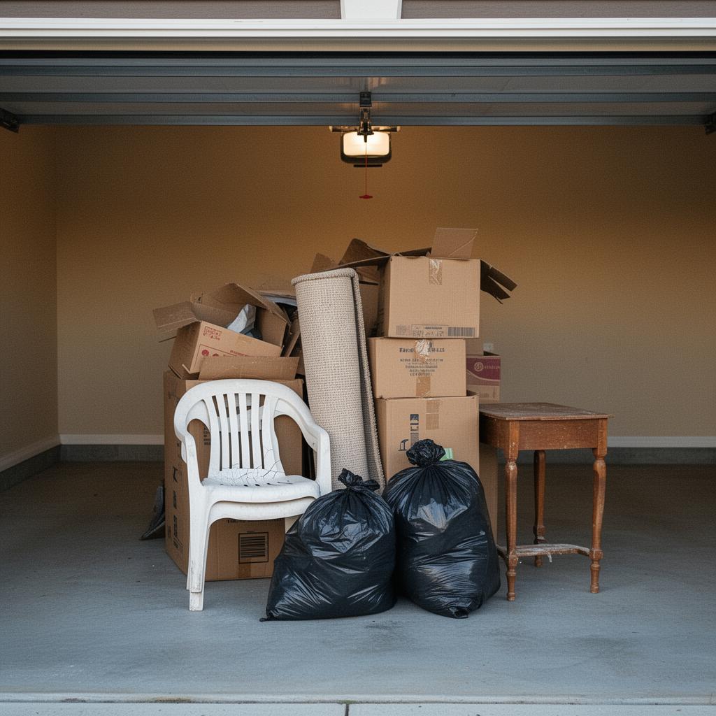 Close-up of a household junk pile inside a single-car garage